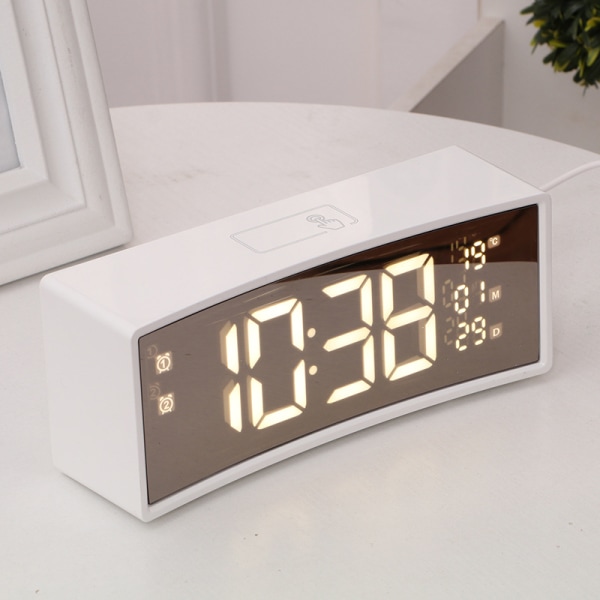 Ljusande elektronisk väckarklocka, smart klocka med svängda 3D-skärmtypsnitt för flytande sensorer, tre nivåer av ljusstyrka, repetering med ett klick white