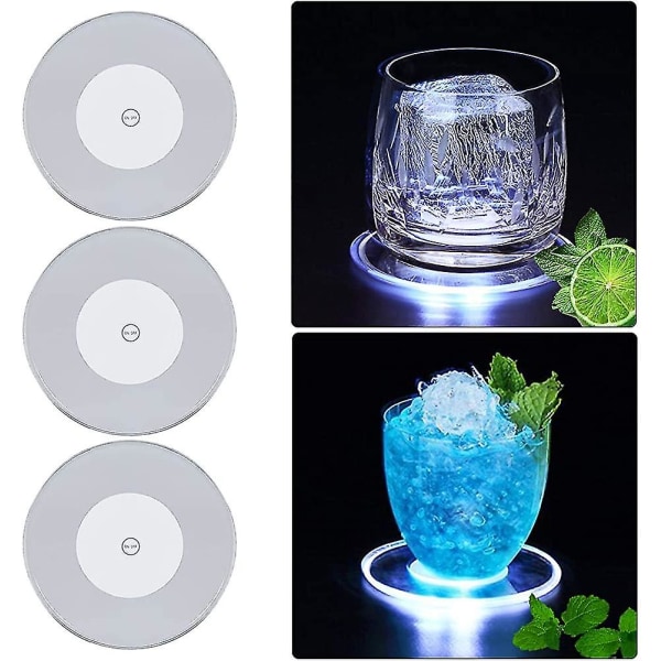 Set med 3 coola vita led glasunderlägg för drinkar. Vattentät Led Coaster för engångsbruk