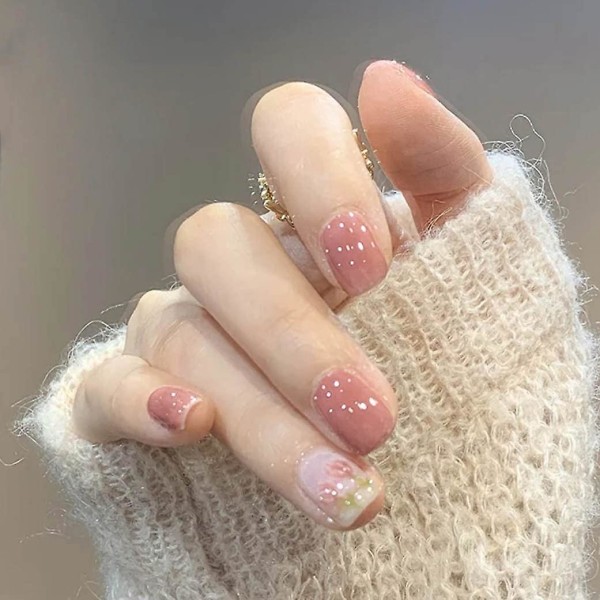 Fyrkantiga falska naglar rosa tryck på naglar Korta cover naglar Söt lim