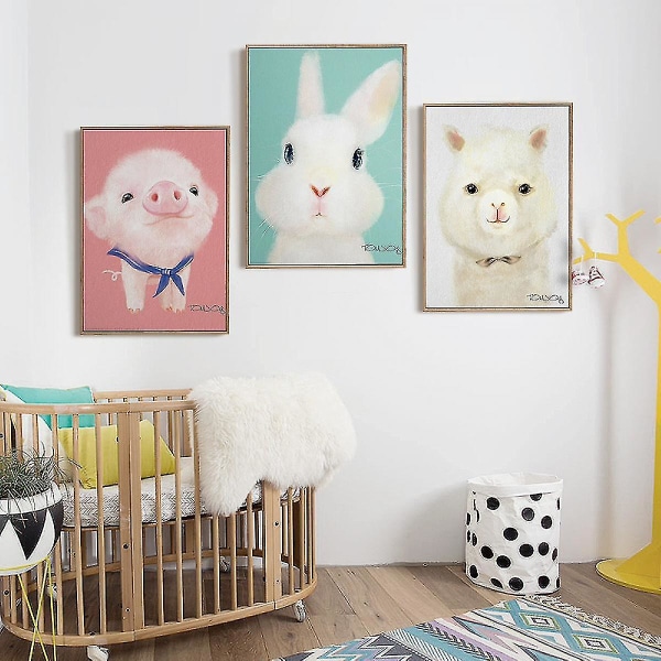 Wekity tecknad alpacka, kanin och gris väggkonst Canvas print affisch, enkel söt akvarell konst ritning dekor för hem vardagsrum sovrum och chi