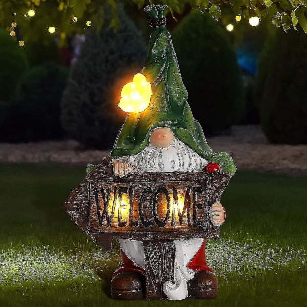 2023-trädgård, grön hatt Välkommen Resin Staty Med Solar Led-ljus, Trädgårdsfigurer För tomtar Trädgårdsdekorationer, uteplats Gård Gräsmatta Ornament Present