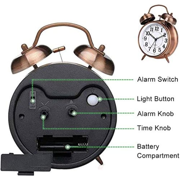 Med tyst väckarklocka, batteridriven med nattlampa (brun)