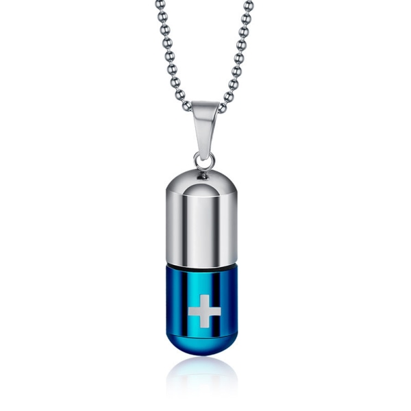 Korsgraverat hål Pill Hänge Titan Stål Vattentät Pill Box Hänge Charm Gift blue