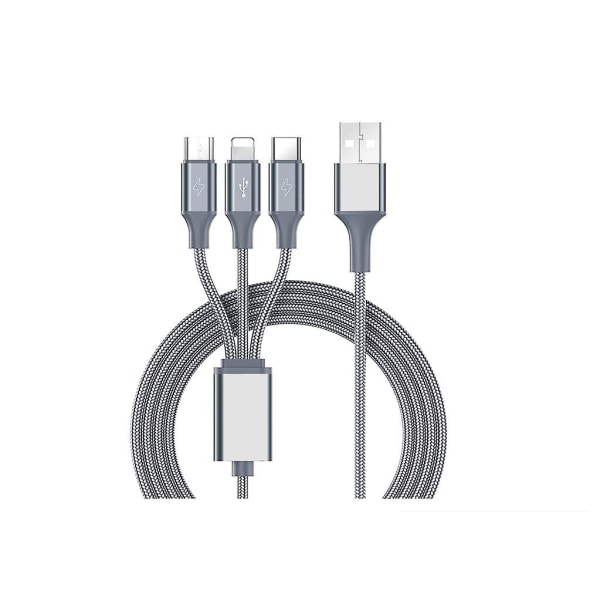 1 m universal 3 i 1 multipel USB -kabel snabbladdningssladd för typ C, mikro USB port--silver
