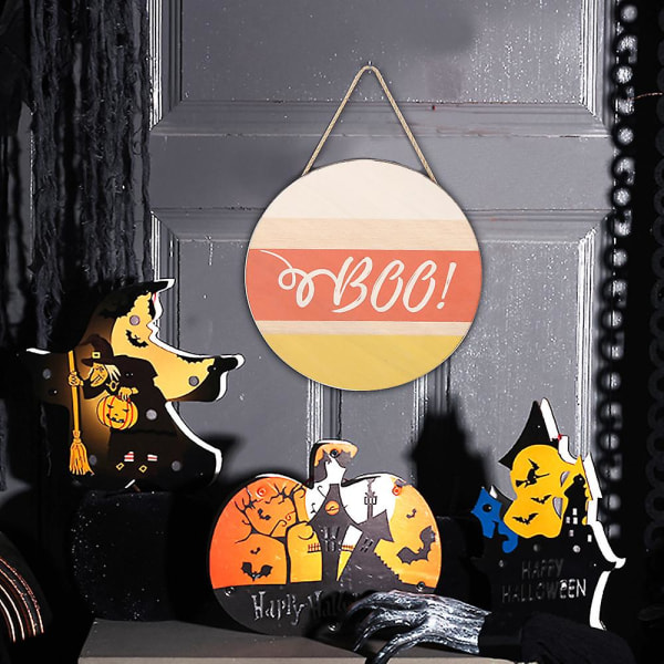 Halloween Välkomstskylt för ytterdörr dekor, rund träkrans vägghängande för semesterfest