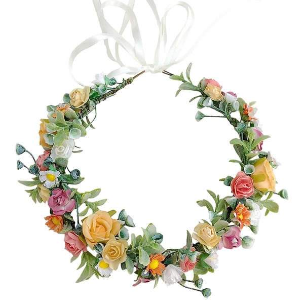 Rose Flower Crown, Flower Wreath Pannband, Färgglada Bohemian Brudblommor Hårkrans