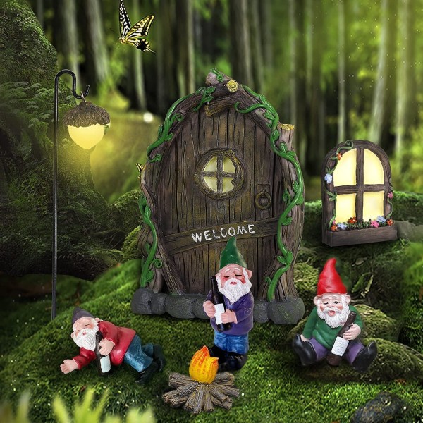 Mini Fairy Tale Trädgårdstillbehör Utomhusdekorationssats Trädstubbe Prydnad Gnome Set Trädgårdskonst Utomhus Gap Barn Fönster Glöd i mörkret