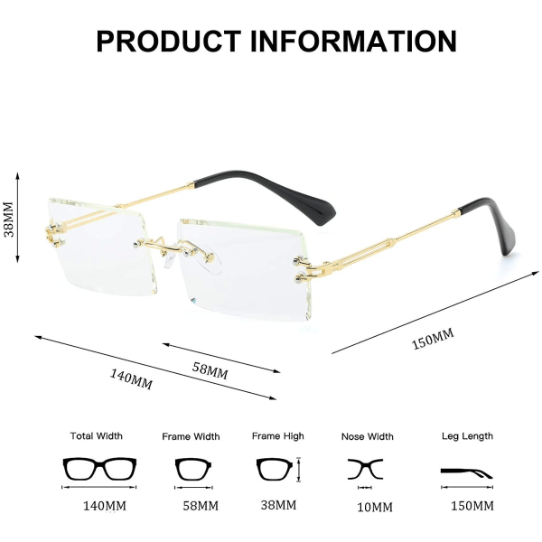 Ultralätt metallram för dam/herr, rektangulära solglasögon utan bågar