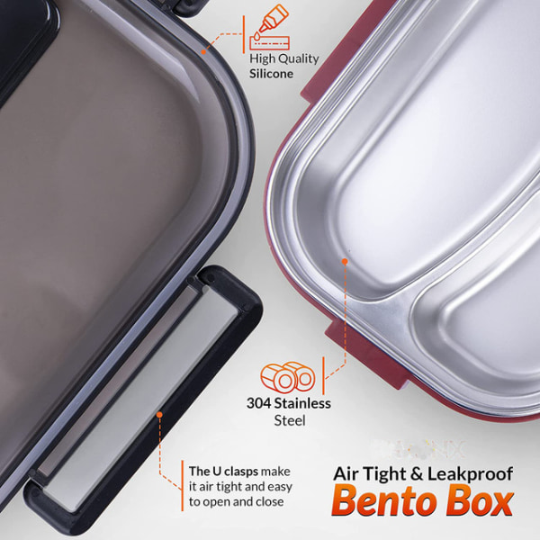 Bento Box - Läcksäker Bento Lunchbox behållare för barn och vuxna - 3-fack rostfritt stål foder - med redskap