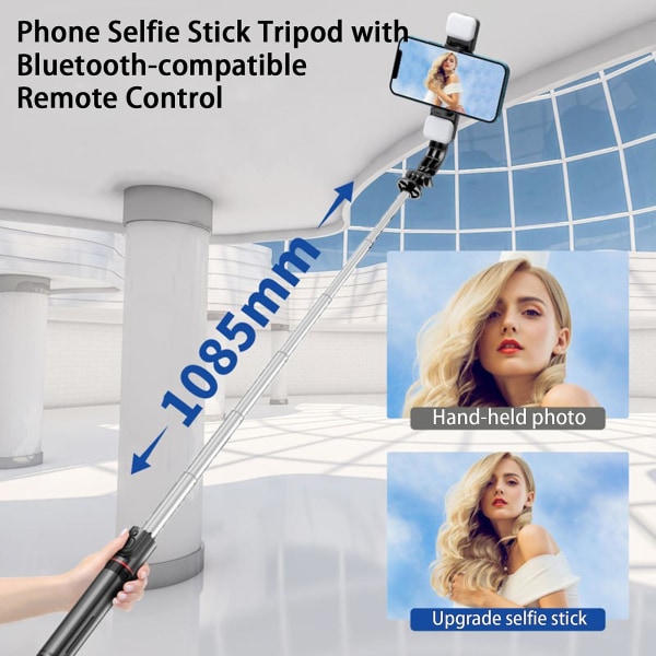 Selfie Stick Tripod Dual Fill Light Roterbart multifunktionellt mobiltelefonstativ med Bluetooth -kompatibel 4.0-fjärrkontroll