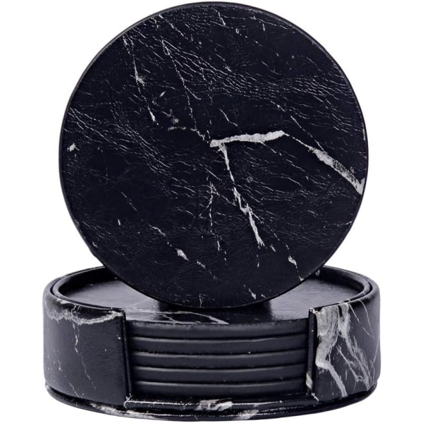 6-pack högkvalitativa PU-läderunderlägg med hållare, rund set - marmorsvart mönster black
