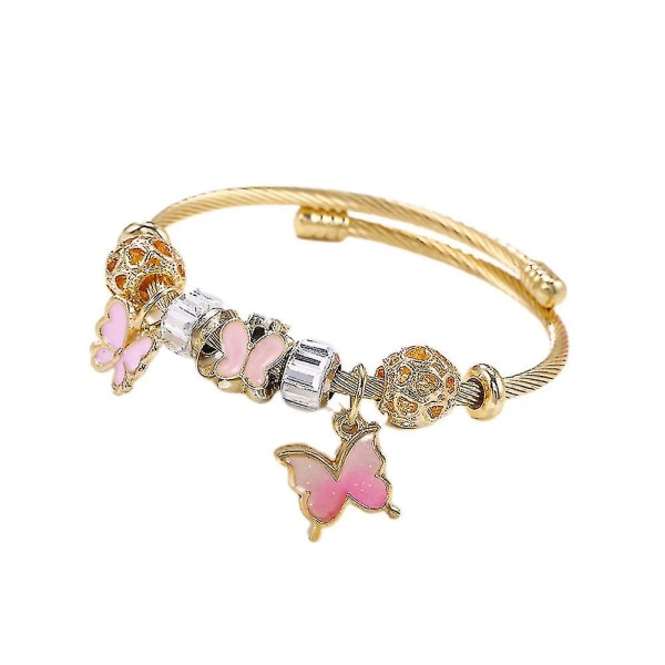 Armbandskollektion i rostfritt stål Guldöppet armband Rosa Butterfly Diy Pärlarmband Kvinnor, presenter till familj eller vänner