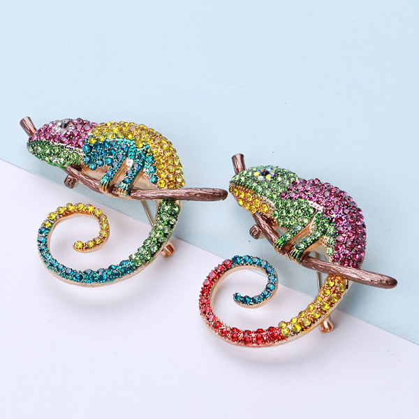 2 st Emalj Kristall Rhinestone Chameleon Lizard Charm Brosch Pin Present