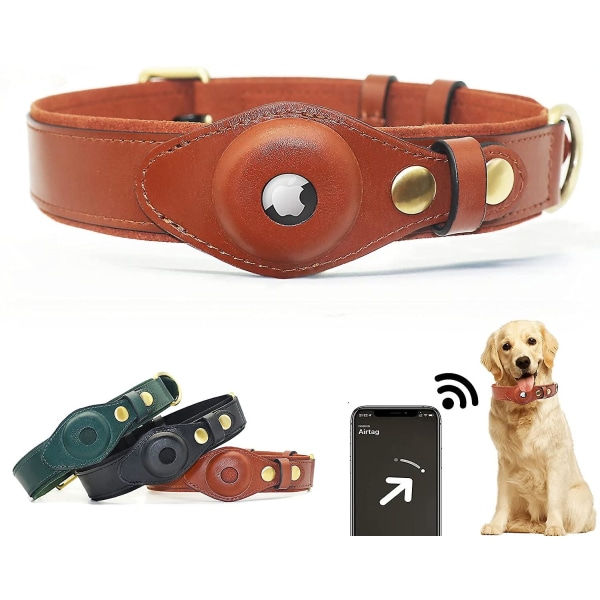 Hundhalsband, justerbar hundhalsbandshållare i naturligt kohud som är kompatibel med AirTag S brown