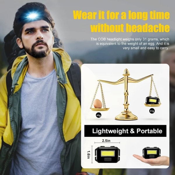 2-pack LED-strålkastare Ficklampa för vuxna och barn, 1,1 oz/31 g COB Floodlight Super Bright Pannlampa med 3 lägen