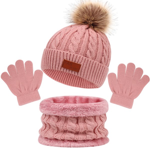 3-delad Winter Girls Beanie Scarf och handskar Set Classic Knit Warm Hat Leather Pink