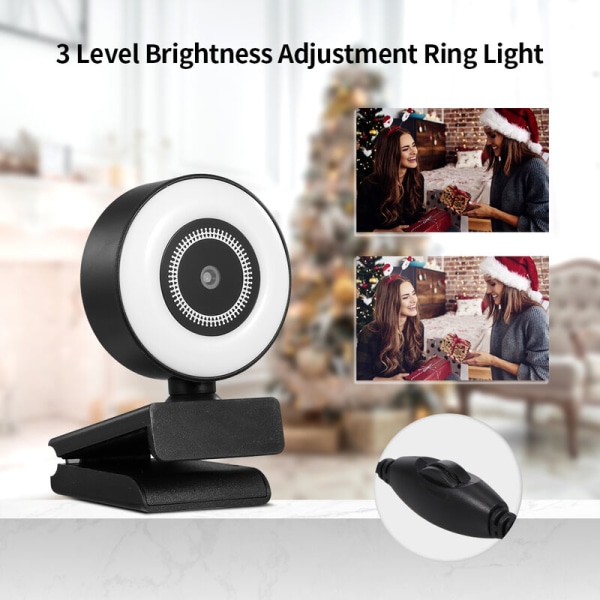 1080P HD-webbkamera med ringljus Miniwebbkamera Inbyggd autofokusmikrofonwebbkamera för video/livesändning/videokonferens, svart