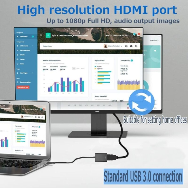 USB till HDMI-adapter, USB 3.0/2.0 till HDMI-videoljudadapter, 1080P HD Video Graphics Cable Converter för PC, Windows-kompatibel bärbar HDTV