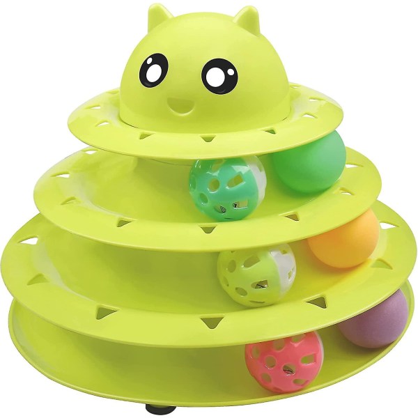 Cat Toy Roller 3-nivå skivspelare Kattleksaker Bollar med sex färgglada bollar Interaktiv Kattunge Rolig Mental Fysisk träning Pussel Kattungeleksaker, Grön