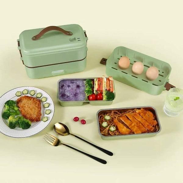 Elektrisk lunchlåda, uppvärmd bentolåda för vuxen, 2 lager självuppvärmande lunchlåda, matvärmare green