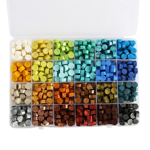 Sigillvax pärlor, 600 sigillvax i vintage låda med 24 färger