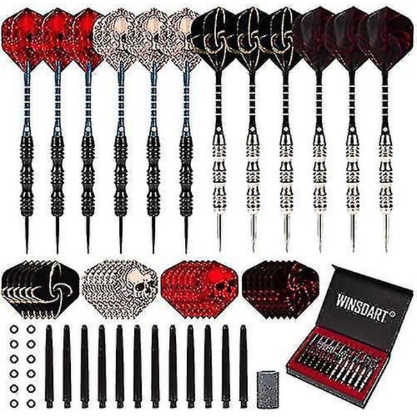 12-pack ståldarts, dartset med 2 stilar av fjädrar och dartspetsvässare