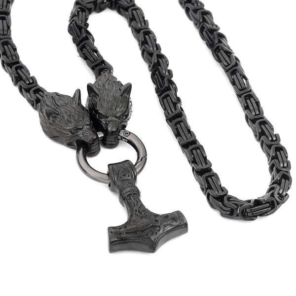 Mäns Wolf Head Thors Hammer hänge halsband 70cm