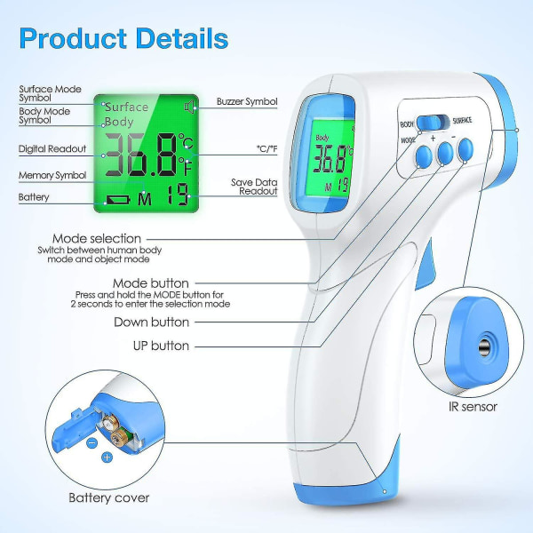 Beröringsfri panntermometer, vuxentermometer med febervarning Infraröd termometer med minnesfunktion, LCD-skärm, panntermometer