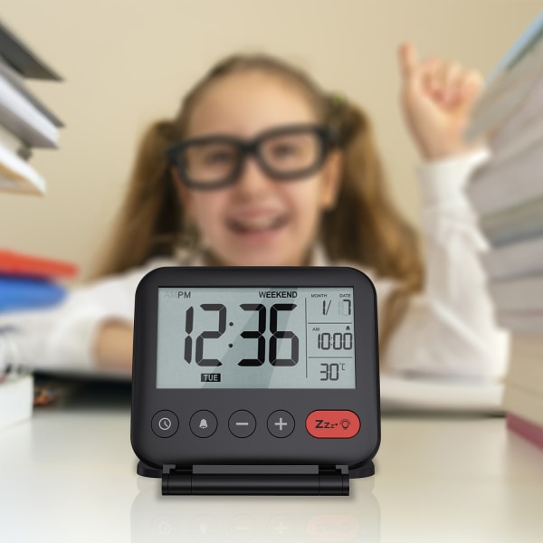 Reseväckarklocka Mini Bärbar LCD Digital klocka med bakgrundsbelyst kalender 12/24H temperatur sminkspegel