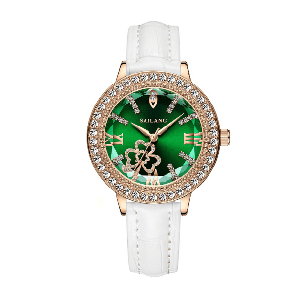 Watch Ling-formad skuren glas Gypsophila damklocka Enkel watch roséguld diamant brittisk watch - grönt ansikte vitt bälte