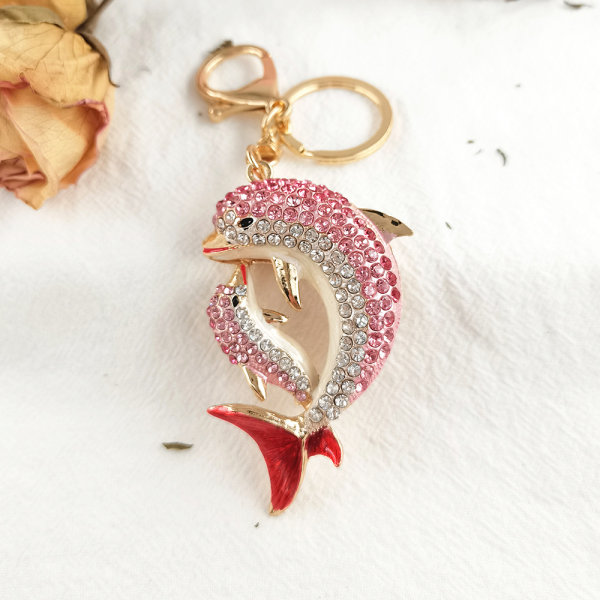 Söt delfin Rhinestone nyckelring, nyckelring hänge, glänsande kristalllegering berlock (1 st) pink