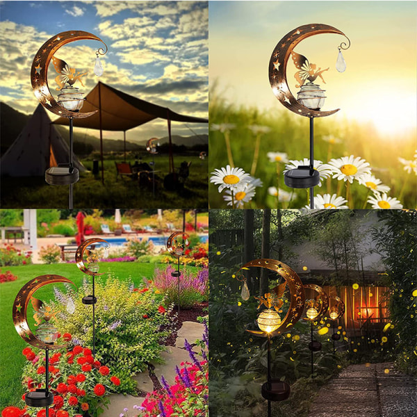 Moon Shape Utomhusträdgård dekorativa ljus, Solar utomhus trädgårdslampor, gräsmatta, uteplats, balkong, gård, LED Solar Fairy Angel Lights