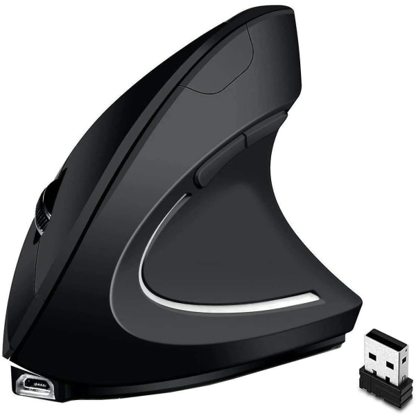 Ergonomisk vertikal trådlös mus, laddningsbar optisk mus, 2,4 g Bluetooth/ USB 6-knapps mus, svart, förbättra produktiviteten med bekväm design