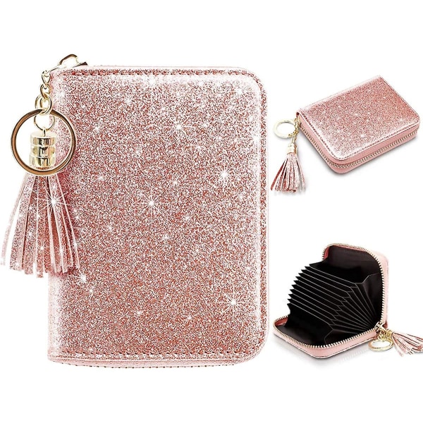 Liten kreditkortsplånbok för kvinnor Rfid Glitter Söta plånböcker för kreditkortshållare (rosa)