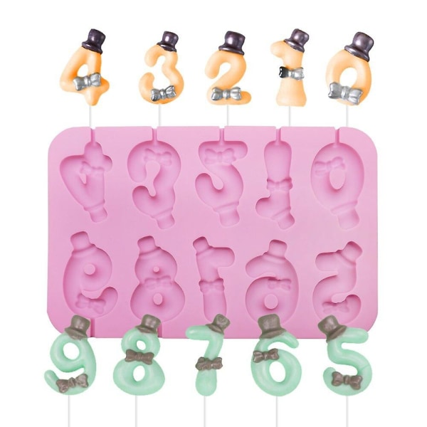Silikon Lollipop Form Arabiska siffror med rosett Gör själv Fondant Chokladformar och 10 st pinnar Tårtdekoreringsverktyg