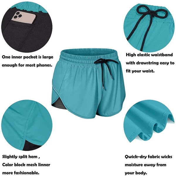 Sommar Casual Pocket Sports Shorts Fake Two Pieces, Shorts med dragsko Dam, Blå, Storlek S