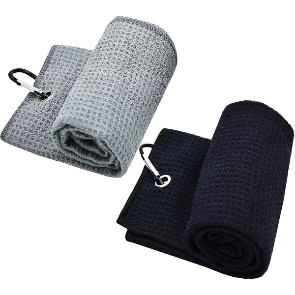 2 st mikrofiber golfhandduk med klämma för golfväskor Fitness sport utomhus yoga (svart+ grå, 2)