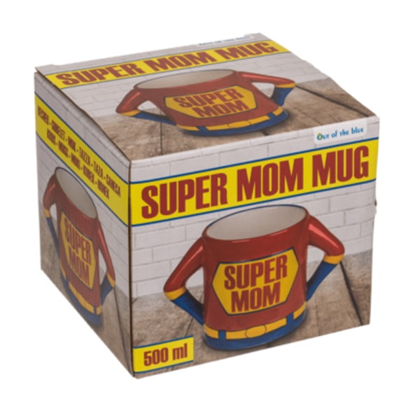 Ulos Sininen Kivitavara Muki - Super Äiti in Finnish translates to "Blue Stoneware Mug - Super Mom."