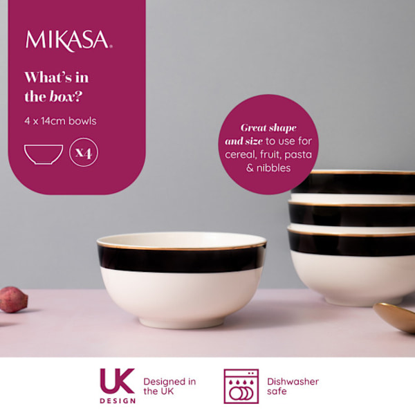 Mikasa Luxe Deco -sarjan 14 cm posliininen murokulho (4 kpl) - Tyylikäs valkoinen astiasto jokapäiväiseen käyttöön