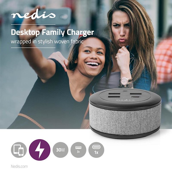 Nedis Quick Desktop Charger - 30W - 3xUSB-A/1xUSB-C Harmaa
