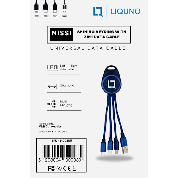 Liquno Nissi Hohtava Avaimenperä 3-in-1 Datakaapelilla Liquno Nissi 3-in-1 Hohtava Avaimenperä ja Datakaapeli, Sininen