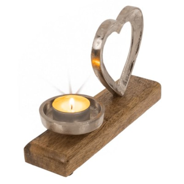 Sinisen sävyn puujalusta metallinen tealight -pidikkeellä/Sydän