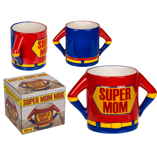 Ulos Sininen Kivitavara Muki - Super Äiti in Finnish translates to "Blue Stoneware Mug - Super Mom."