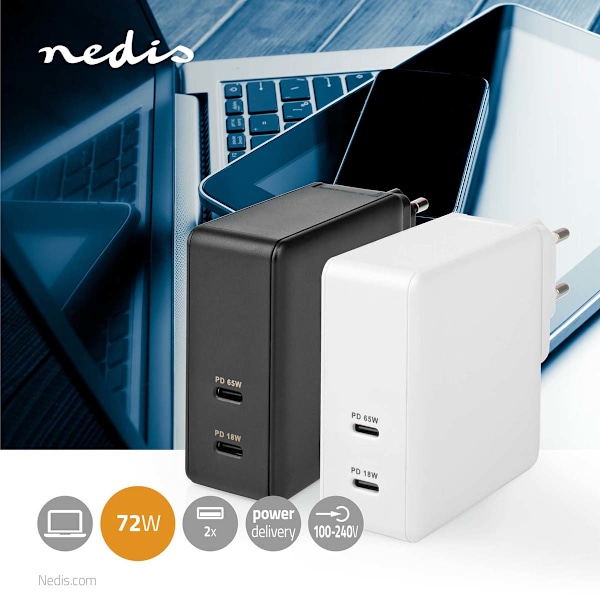 Nedis Quick Wall Charger - 65W - 2 x USB-C Output Valkoinen eleganssi