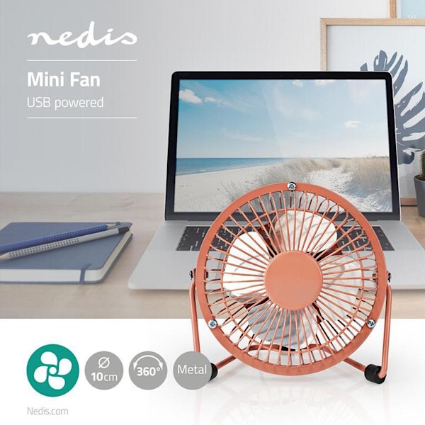Nedis Metal Mini Fan 10cm - USB powered Vintage Pink