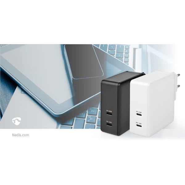 Nedis Quick Wall Charger - 65W - 2 x USB-C Output Musta