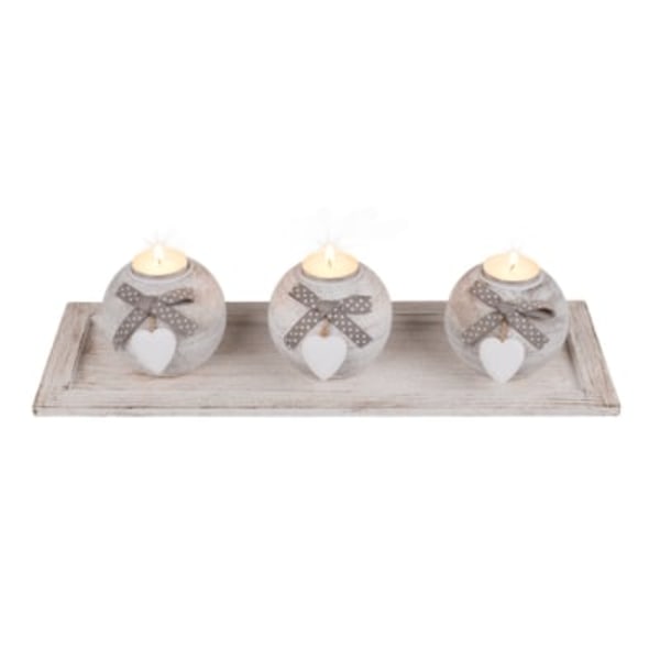Out of the Blue Wooden Plate with 3 Ball Tealight Holders