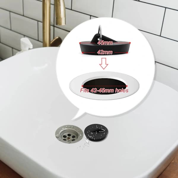 Badekarsprop med kuglekæde i rustfrit stål (45 mm), sort gummiprop med lang kæde til badekar, køkken, vask
