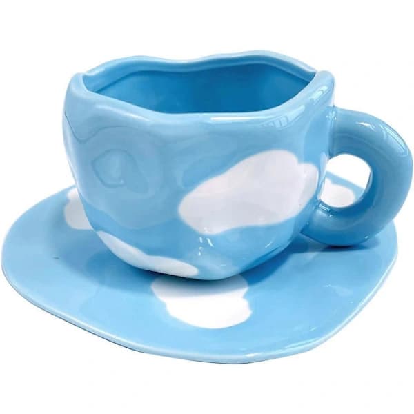 HA~Søde Kaffekrus Tekopper og Underkop Sæt, Sky Kaffekrus Cappuccino Latte Te Mælk Kopper (Blå, Sky)