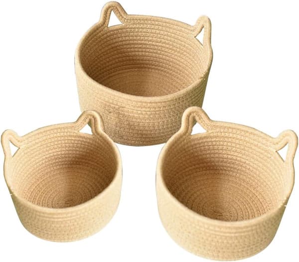 Vävda förvaringskorgar, 100% bomullsrep, kattörondesign, set om 3 för barnkammare, sovrum och vardagsrum, brun, S/M/L